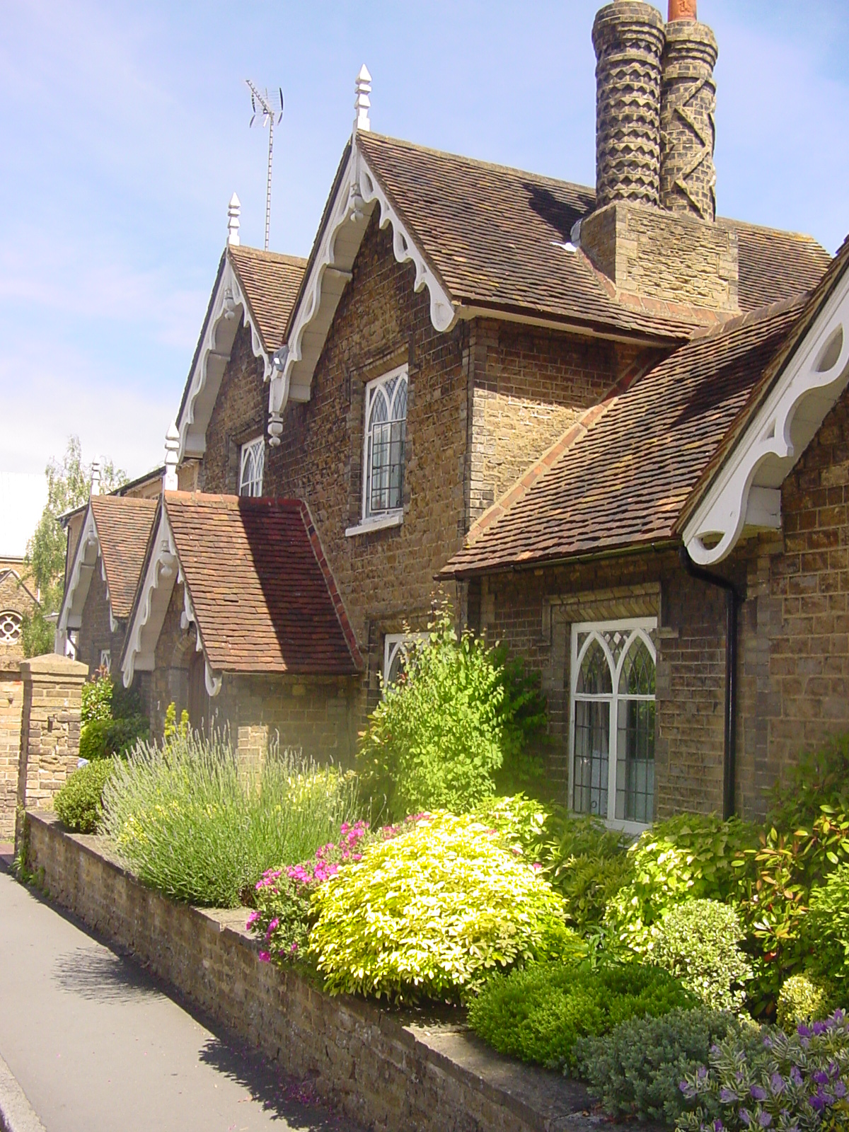 Side street view of the cottages on a sunny day with green planting